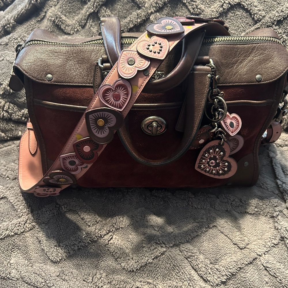 Coach Rhyder Satchel with dusty rose heart applique novelty strap and charm